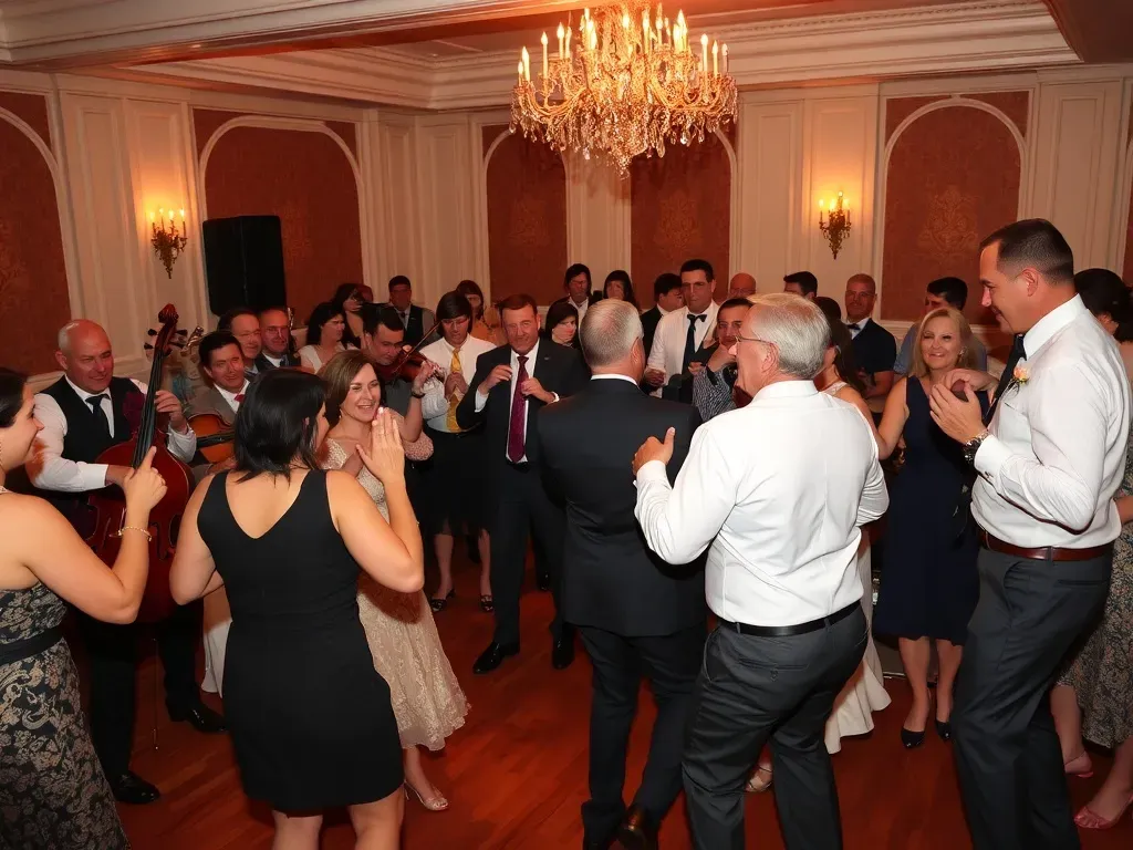 wedding party with orchestra and guests daning