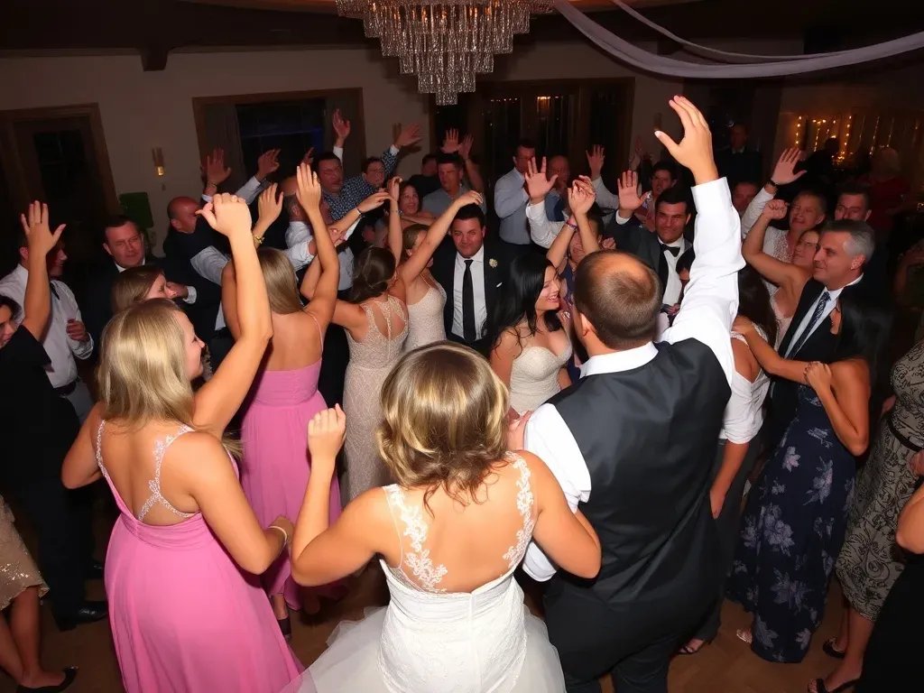 wedding party and many wedding guests dancing