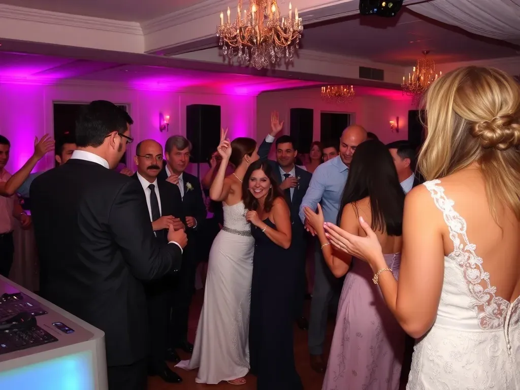 wedding party with DJ play music and guests dancing