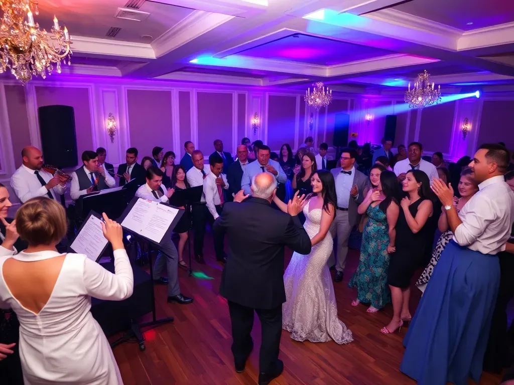 wedding party with orchestra and guests daning
