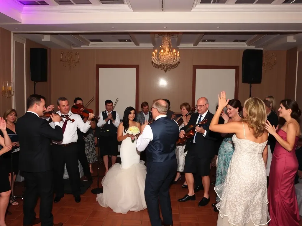 wedding party with orchestra and guests daning