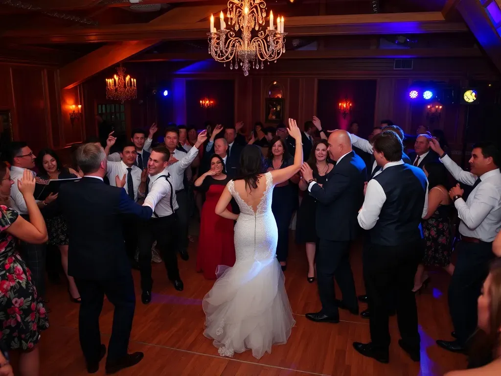 wedding party with orchestra and guests daning