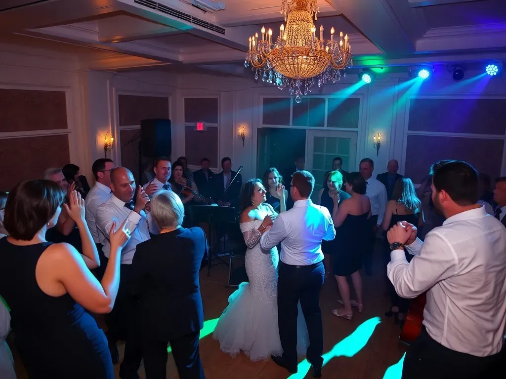 wedding party with orchestra and guests daning