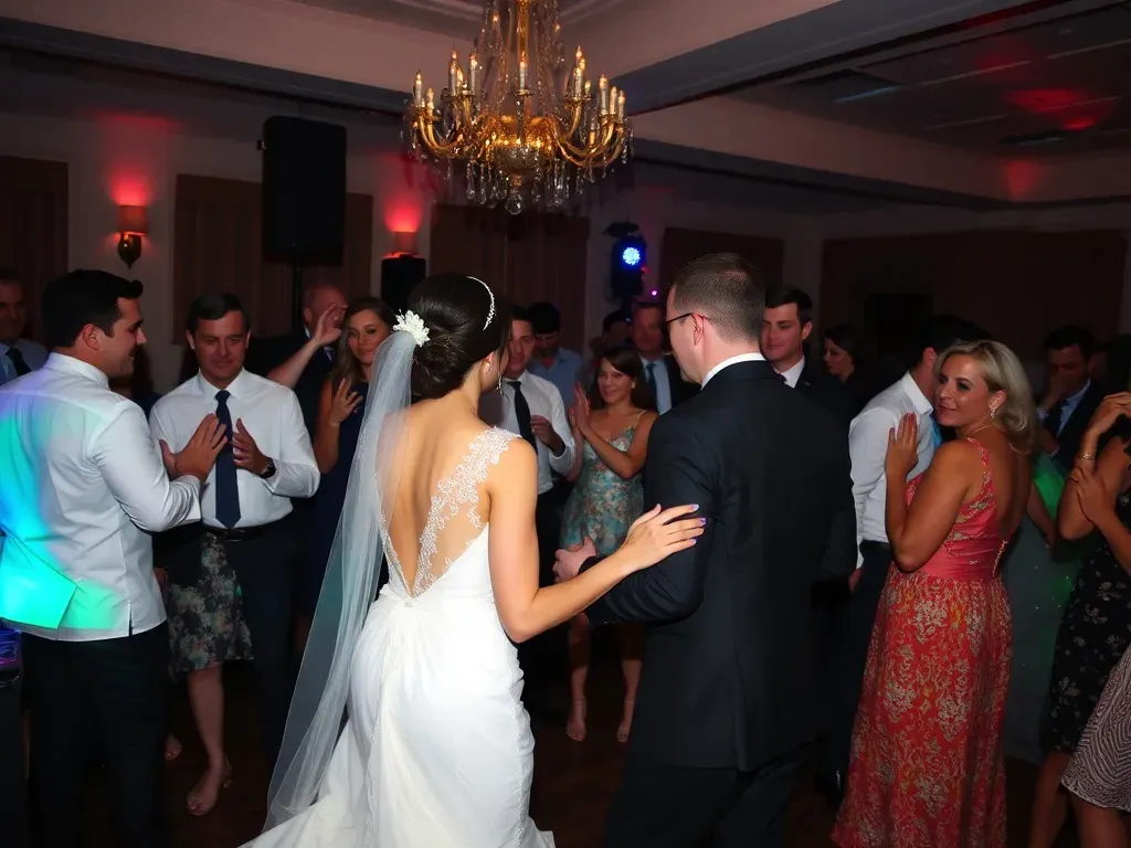 wedding party with DJ play music and guests dancing