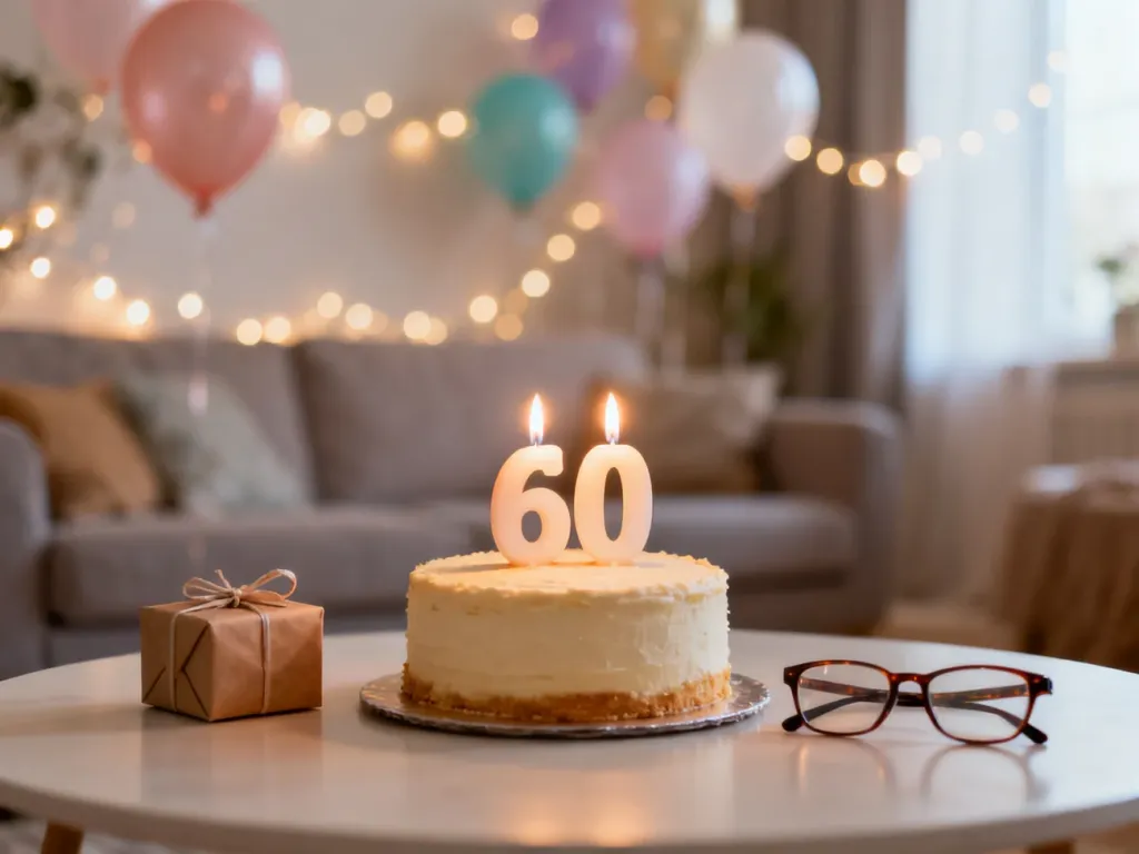 Tort urodzinowy z świeczkami 60, obok prezent i okulary, w tle balony i światełka tworzące ciepły, jubileuszowy nastrój.