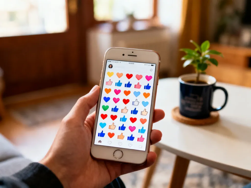 Smartfon z reakcjami serduszek i lajków, symbolizujący wdzięczność za życzenia na Facebooku, w ciepłym domowym otoczeniu.