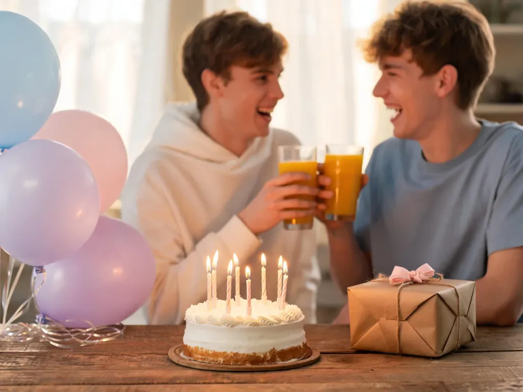 Przytulne urodziny w domu: tort ze świeczkami, prezent i balony, w tle przyjaciele wznoszą toast i śmieją się