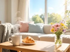 Młoda kobieta w przytulnej sypialni czyta wiadomości na smartfonie przed snem, w ciepłym, nastrojowym świetle lampki.