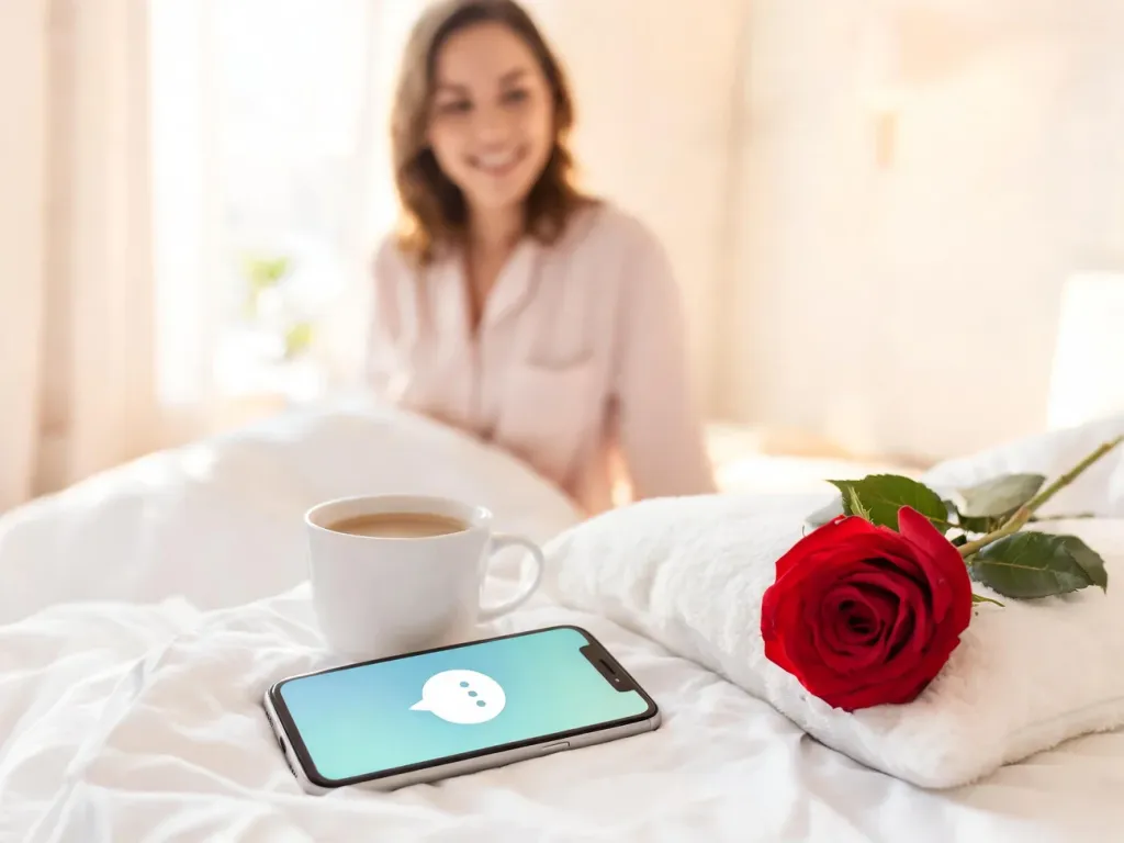 Smartfon z nową wiadomością na łóżku obok kawy i czerwonej róży, kobieta w tle czyta romantycznego SMS-a.