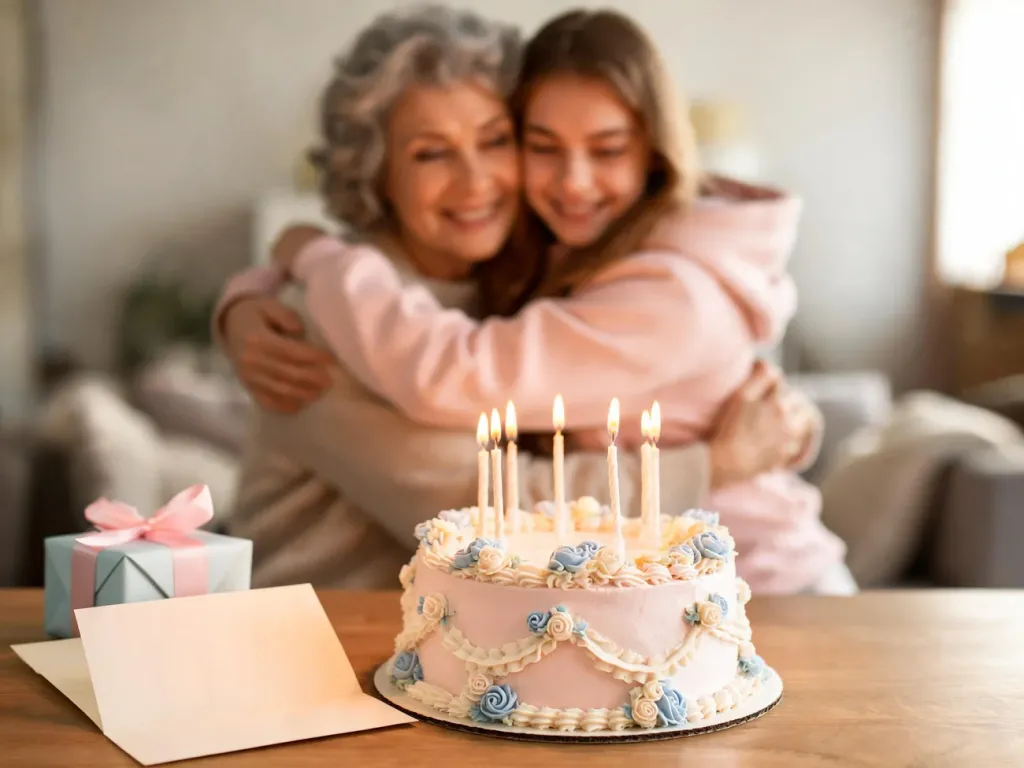 Babcia przytula nastoletnią wnuczkę przy pastelowym torcie urodzinowym, obok leży kartka z życzeniami i zapakowany prezent.