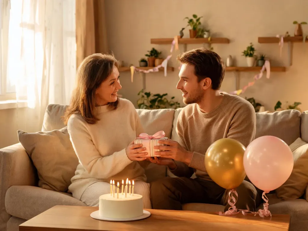 Mama i dorosły syn siedzą na kanapie, uśmiechają się, trzymając prezent urodzinowy przy torcie z zapalonymi świeczkami.