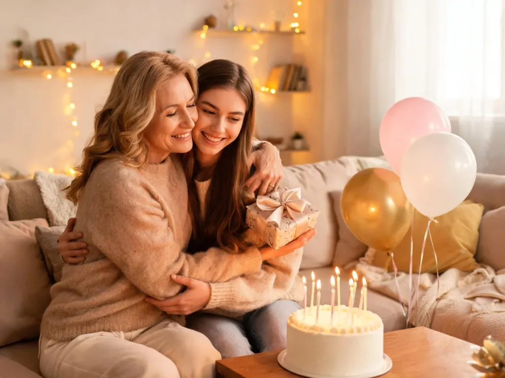Mama przytula 18-letnią córkę z prezentem urodzinowym w dłoniach, w tle tort z świeczkami i przytulne dekoracje.