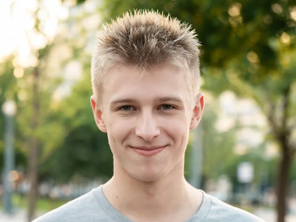 Młody mężczyzna z krótką, sterczącą fryzurą na jeża w naturalnym świetle, prezentacja efektu cięcia z bliska