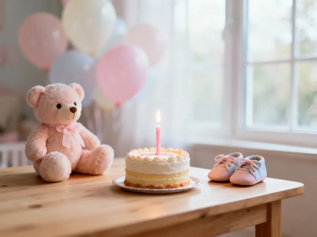 Pastelowa scenka z tortem na roczek, pluszowym misiem i bucikami niemowlęcia na tle balonów w ciepłym, przytulnym świetle.