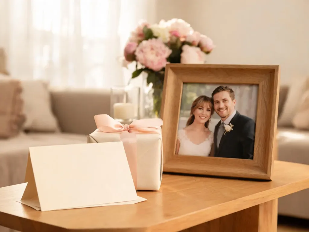 Elegancka kartka rocznicowa dla dzieci z prezentem i ślubnym zdjęciem rodziców w ciepłym, rodzinnym salonie.