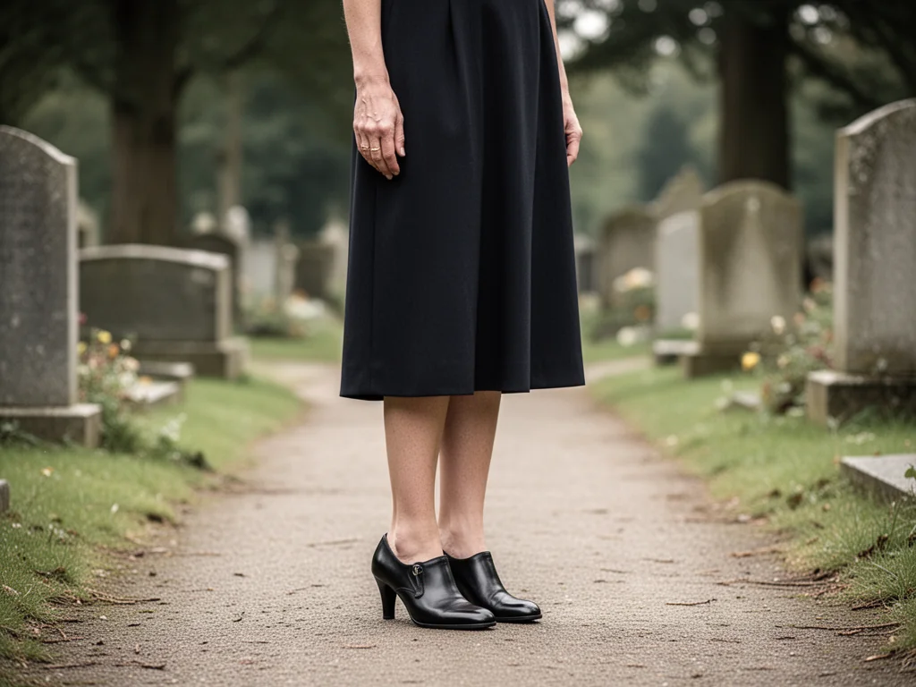 Kobieta w eleganckich czarnych czółenkach i skromnej sukience spaceruje alejką cmentarza, tworząc godny, stonowany strój żałobny.