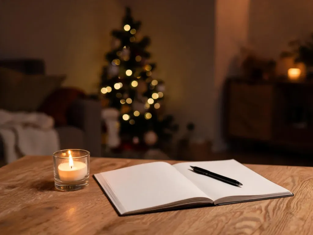 Zapalona świeca i otwarty notes na drewnianym stole, sprzyjające spokojnej refleksji i pisaniu mądrych życzeń noworocznych.