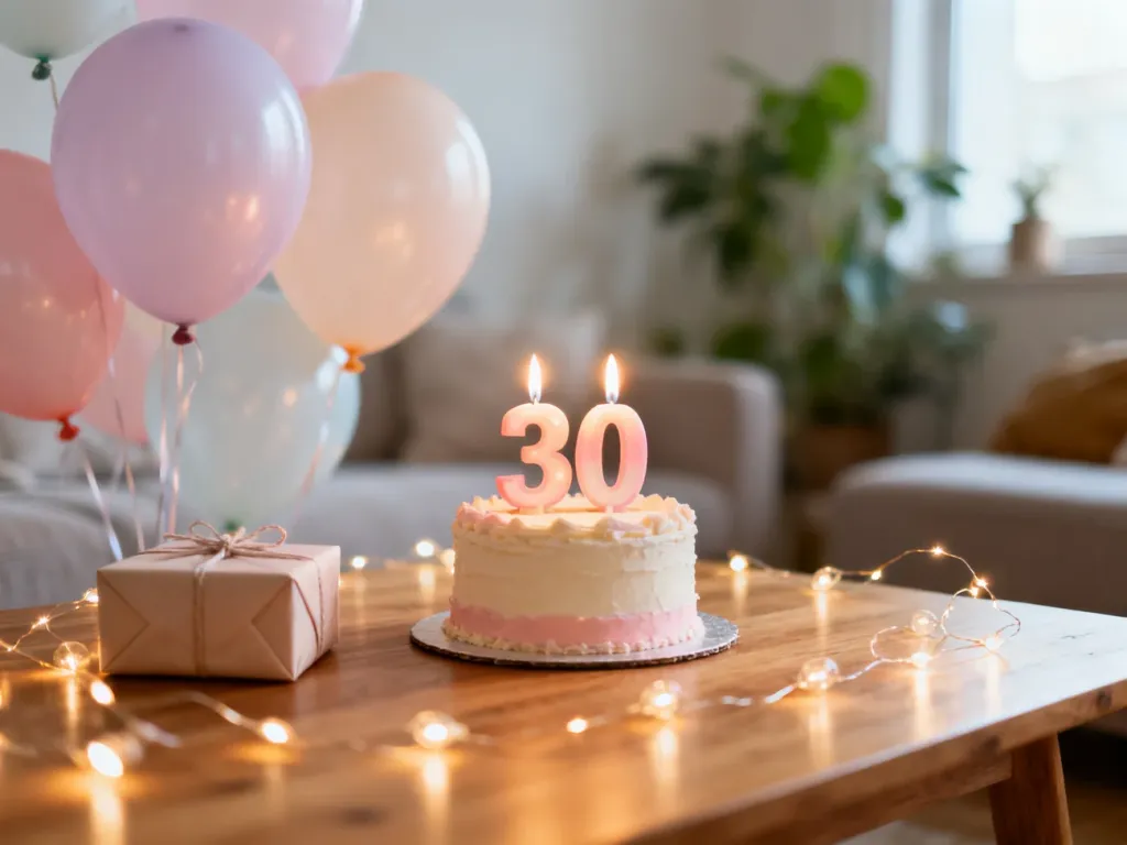 Elegancki tort z zapalonymi świeczkami „30” wśród balonów i prezentu, w ciepłej, radosnej atmosferze urodzinowej.