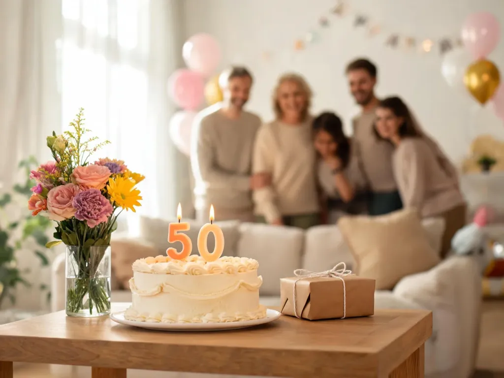 Elegancki tort z cyfrą 50, kwiaty i prezent na stole podczas rodzinnego, ciepłego świętowania 50. urodzin.