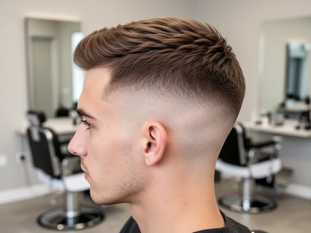 Zbliżenie niskiego fade na mężczyźnie w salonie fryzjerskim, podkreślające czyste przejście i nowoczesny, schludny wygląd.
