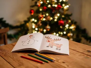 Małe pudełko prezentowe i czerwona róża na stole, w tle zakochana para trzymająca się za ręce w ciepłym świetle lampek