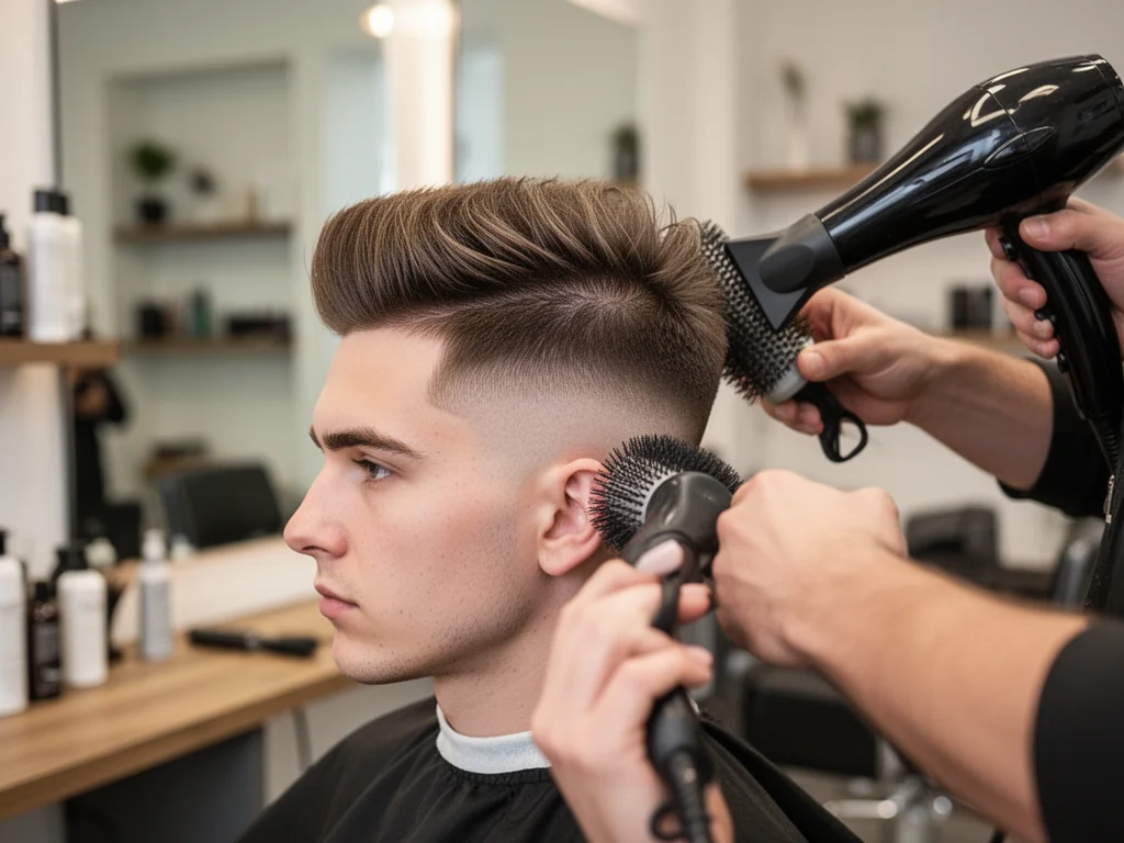 Młody mężczyzna w salonie fryzjerskim podczas modelowania fryzury blowout taper suszarką i okrągłą szczotką