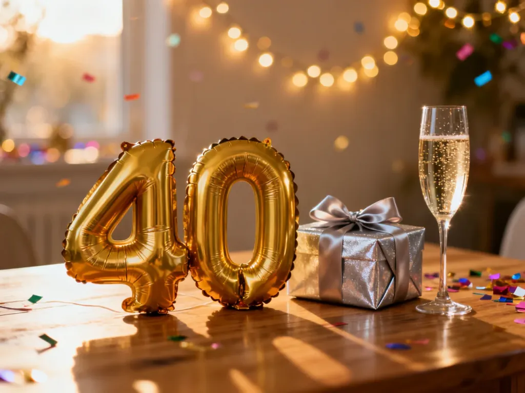 Złoty balon z liczbą 40, prezent i kieliszek szampana na drewnianym stole, tworzące radosną atmosferę urodzinową.