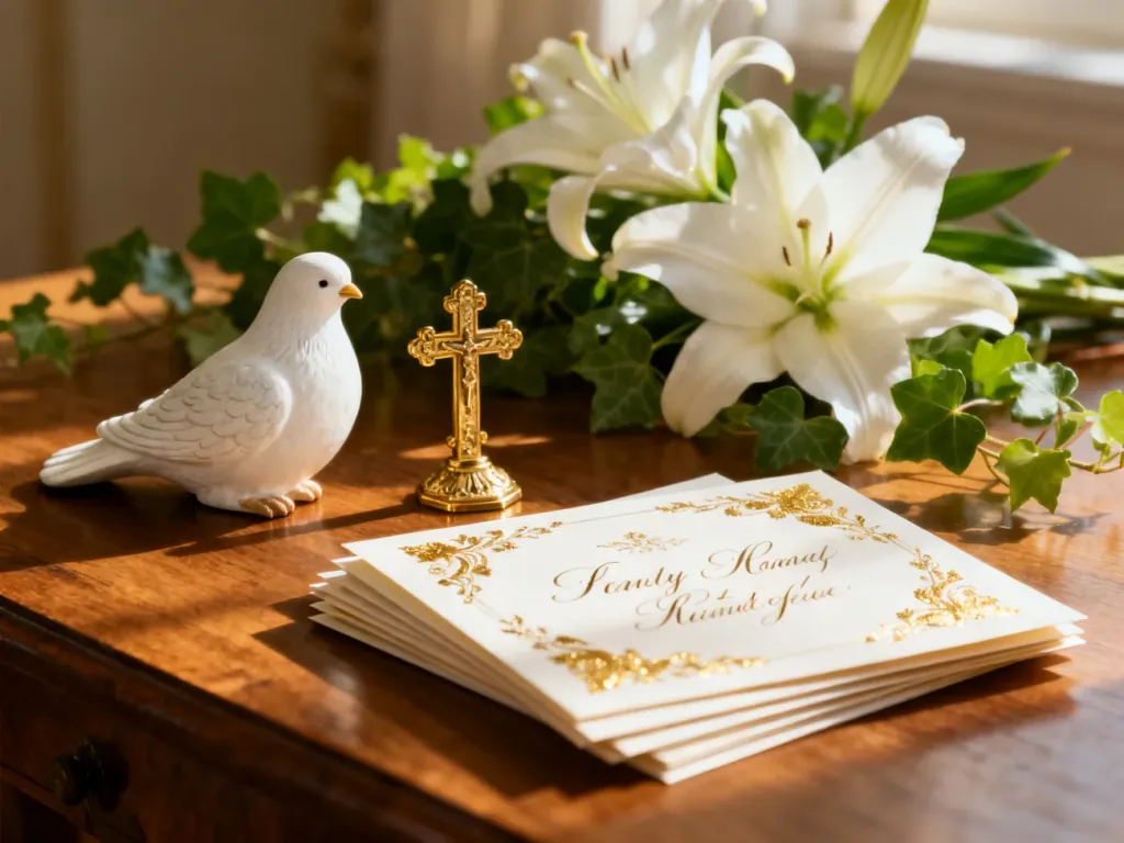 Elegancka kompozycja z figurką gołębicy, krzyżykiem i kartkami okolicznościowymi na tle białych lilii.
