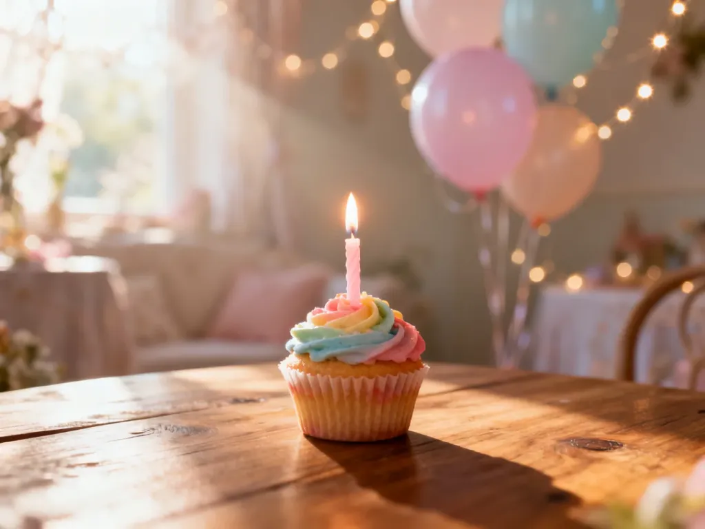Uroczy babeczkowy tort z zapaloną świeczką na tle pastelowych balonów i światełek, tworzący magiczny urodzinowy nastrój.