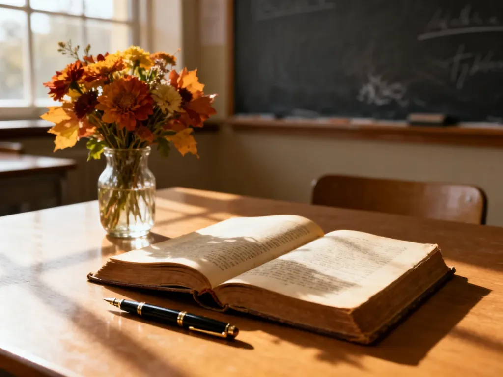 Bukiet jesiennych kwiatów, pióro i otwarta książka na biurku, tworzące nastrojową scenerię z okazji Dnia Nauczyciela.