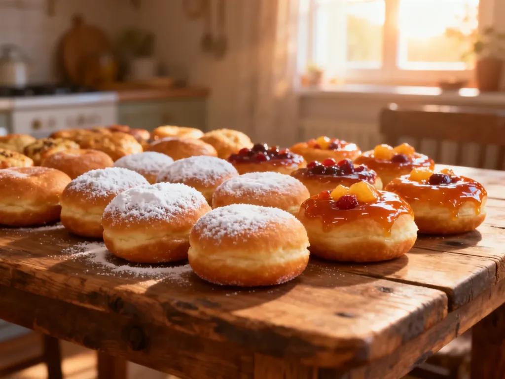 Patera z apetycznymi pączkami posypanymi cukrem pudrem i polanymi lukrem, idealna na tłusty czwartek.